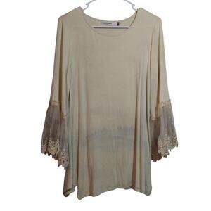 Origami by Vivian  Beige Embroidered Sheer Artsy Boho Asymmetrical Top Size M